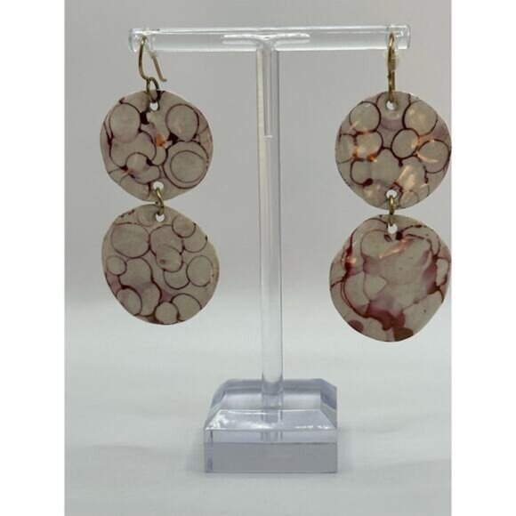 Double-Drop Dangle Earrings With Abstract Circular Pattern In White & Pink Tones - Picture 2 of 3